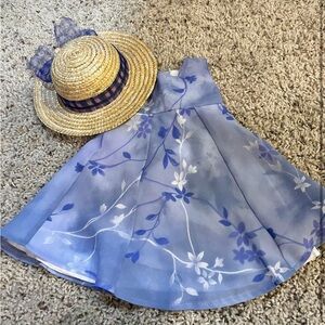 Blue Floral Dress with Straw Hat